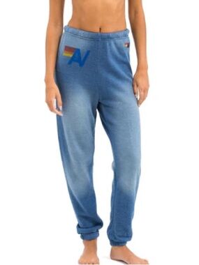 Aviator nation preppy blue vintage logo faded water sweatpants joggers small